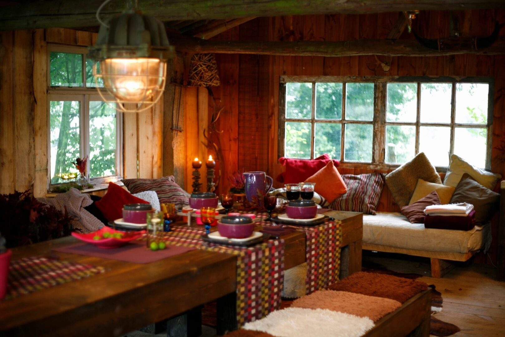 Rustic dining nook with colorful tableware